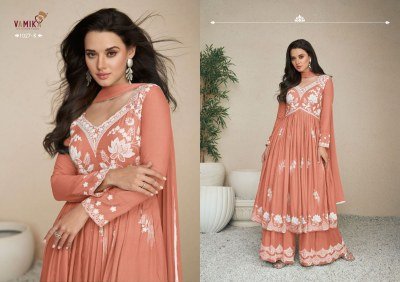 Lakhnavi vol 5 by Vamika Heavy Reyon thread embroidered flared top with palazzo suit catalogue at affordable rate  readymade suit catalogs
