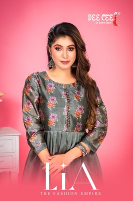 Lia by Deecee Zarna Silk Digital Printed Long Flared Potli Button Kurti collection at affordable rate Dee cee