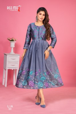 Lia by Deecee Zarna Silk Digital Printed Long Flared Potli Button Kurti collection at affordable rate kurtis catalogs