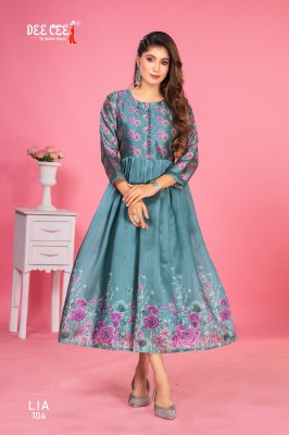 Lia by Deecee Zarna Silk Digital Printed Long Flared Potli Button Kurti collection at affordable rate kurtis catalogs