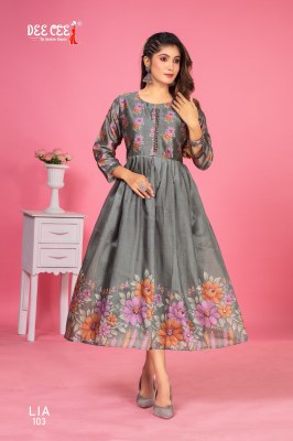 Lia by Deecee Zarna Silk Digital Printed Long Flared Potli Button Kurti collection at affordable rate kurtis catalogs