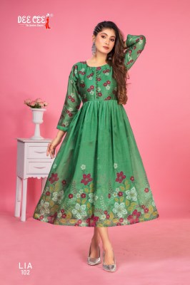 Lia by Deecee Zarna Silk Digital Printed Long Flared Potli Button Kurti collection at affordable rate kurtis catalogs