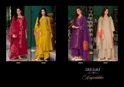 Lily And Lali Embroidered Angrakha Kurti Set with Mirror Work with Pocket Embroidered Palazzo And Organza Dupatta Wholesale kurtis catalogs