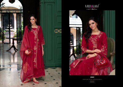 Lily And Lali Embroidered Angrakha Kurti Set with Mirror Work with Pocket Embroidered Palazzo And Organza Dupatta Wholesale kurtis catalogs
