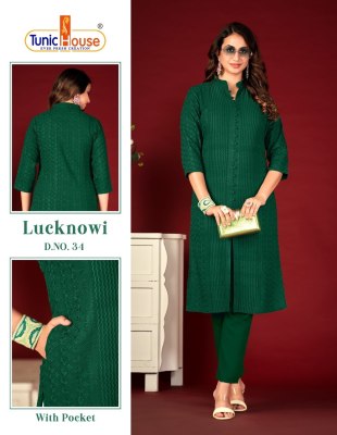 Lucknowi Chikankari by Tunic House Fancy Chinkari Kurti with Pant at Affordable rate Size wise Combo Set