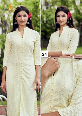 Lucknowi Chikankari by Tunic House Fancy Chinkari Kurti with Pant at Affordable rate Size wise Combo Set