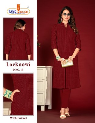 Lucknowi Chikankari by Tunic House Fancy Chinkari Kurti with Pant at Affordable rate Size wise Combo Set