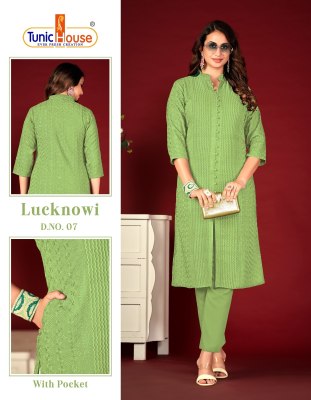 Lucknowi Chikankari by Tunic House Fancy Chinkari Kurti with Pant at Affordable rate Size wise Combo Set