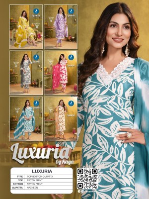 Luxuria by Kaya 3 piece reyon straight kurti pant and dupatta collection at low rate readymade suit catalogs