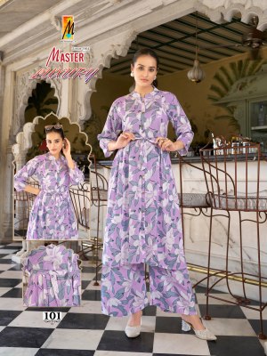 Luxury by Master Exclusive reyon Princess cut kurti with belt and side platting and palazzo readymade suit catalogs