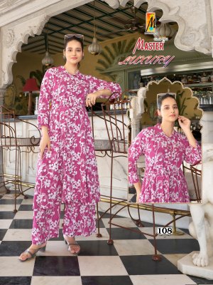 Luxury by Master Exclusive reyon Princess cut kurti with belt and side platting and palazzo readymade suit catalogs