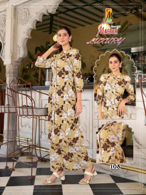 Luxury by Master Exclusive reyon Princess cut kurti with belt and side platting and palazzo readymade suit catalogs