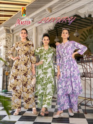 Luxury by Master Exclusive reyon Princess cut kurti with belt and side platting and palazzo readymade suit catalogs