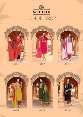 MIttoo Colourdrop Kurti Pant And Dupatta Print And Hand work Wholesale  kurtis catalogs