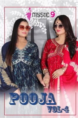 MYstic 9 by Pooja vol 4 heavy foil print embroidered readymade suit catalogue at affordable rate Mystic 9