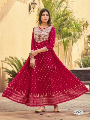 Maa Gurujee new launch walkway vol 10 Rayon Foil Print Anarkali Gown dress wholesaler in Surat  kurtis catalogs