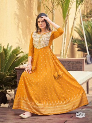 Maa Gurujee new launch walkway vol 10 Rayon Foil Print Anarkali Gown dress wholesaler in Surat  kurtis catalogs