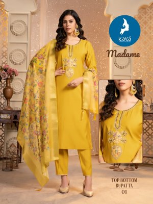 Madame by kaya roman silk straight cut top bottom and dupatta cataloguer at amavi expo  kurti pant with dupatta Catalogs