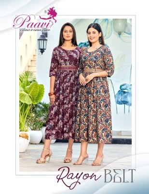 Mahavir creation present Paavi new rayon printed flaired kurti with belt catalogue at low rate paavi