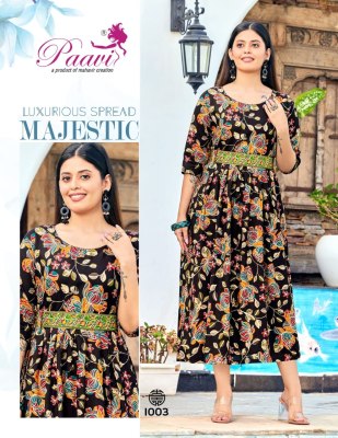 Mahavir creation present Paavi new rayon printed flaired kurti with belt catalogue at low rate kurtis catalogs