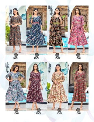 Mahavir creation present Paavi new rayon printed flaired kurti with belt catalogue at low rate kurtis catalogs