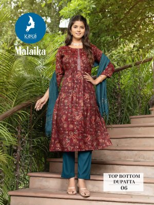 Malaika by Kaya Capsual printed straight cut kurti pant and dupatta catalogue readymade suit catalogs