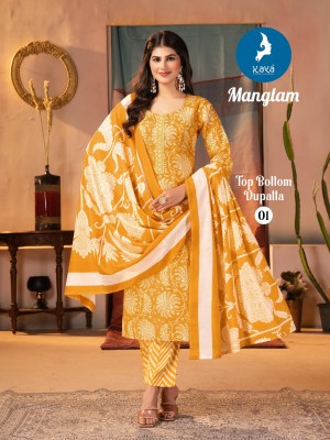 Manglam by Kaya 3 piece cotton straight cut top bottom with dupatta catalogue in low rate readymade suit catalogs