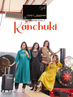 Manjeera by Kanchuki two ton gold print naira cut kurti pant and dupatta catalogue at affordable rate Manjeera