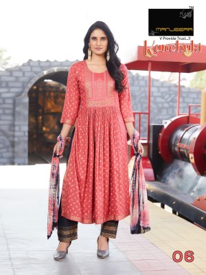 Manjeera by Kanchuki two ton gold print naira cut kurti pant and dupatta catalogue at affordable rate readymade suit catalogs