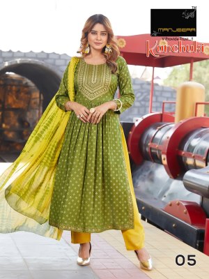 Manjeera by Kanchuki two ton gold print naira cut kurti pant and dupatta catalogue at affordable rate readymade suit catalogs