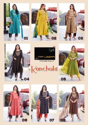 Manjeera by Kanchuki two ton gold print naira cut kurti pant and dupatta catalogue at affordable rate readymade suit catalogs