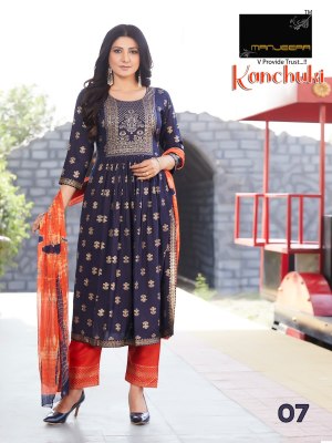 Manjeera by Kanchuki two ton gold print naira cut kurti pant and dupatta catalogue at affordable rate readymade suit catalogs