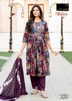 Manjeera by babes 3 modal printed readymade suit with belt catalogue at low rate readymade suit catalogs