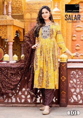 Manjeera by salaar designer reyon foil print naira cut readymade suit catalogue at wholesale price  readymade suit catalogs