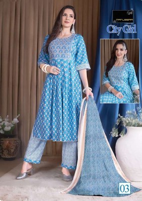 Manjeera city girl nyra cute 3 pice ready made suits wholesale rate  kurtis catalogs