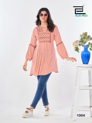 Manu Bhaker by Blue hills Reyon wrinkle neck embroidered western top catalogue at amavi expo western wear catalogs