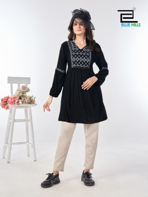 Manu Bhaker by Blue hills Reyon wrinkle neck embroidered western top catalogue at amavi expo western wear catalogs