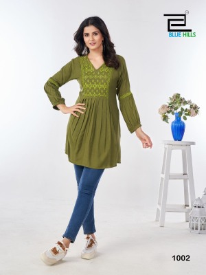 Manu Bhaker by Blue hills Reyon wrinkle neck embroidered western top catalogue at amavi expo western wear catalogs