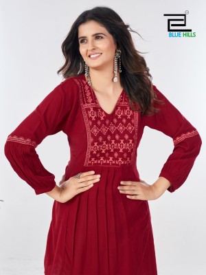 Manu Bhaker by Blue hills Reyon wrinkle neck embroidered western top catalogue at amavi expo western wear catalogs