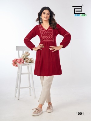 Manu Bhaker by Blue hills Reyon wrinkle neck embroidered western top catalogue at amavi expo western wear catalogs