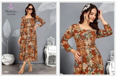 Manya vol 1 by Poonam Designer Premium Quality Reyon gown with belt collection kurtis catalogs