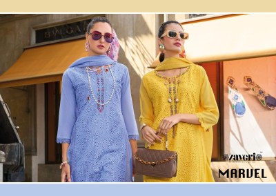 Maruel by Zaveri cotton embroidered fancy kurti pant and dupatta catalogue at low rate kurti pant with dupatta Catalogs