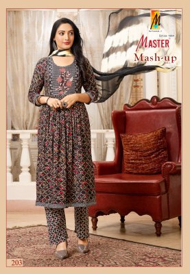 Mashup vol 2 by Master nayra cut reyon foil printed flared kurti pant and dupatta catalogue at low rate readymade suit catalogs