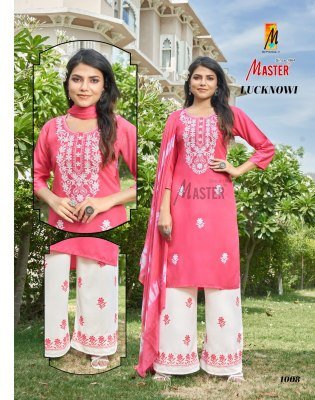 Master Lucknowi Luxe Rayon Lucknowi Kurti And Plazo Set With Sinduri Dupatta Wholesale kurtis catalogs