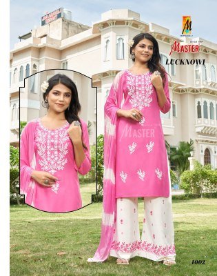 Master Lucknowi Luxe Rayon Lucknowi Kurti And Plazo Set With Sinduri Dupatta Wholesale kurtis catalogs