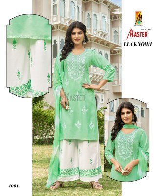 Master Lucknowi Luxe Rayon Lucknowi Kurti And Plazo Set With Sinduri Dupatta Wholesale kurtis catalogs