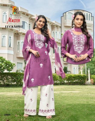 Master Lucknowi Luxe Rayon Lucknowi Kurti And Plazo Set With Sinduri Dupatta Wholesale kurtis catalogs