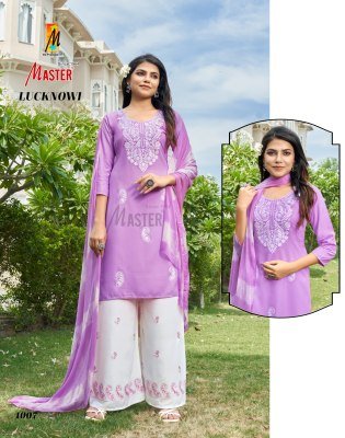 Master Lucknowi Luxe Rayon Lucknowi Kurti And Plazo Set With Sinduri Dupatta Wholesale kurtis catalogs
