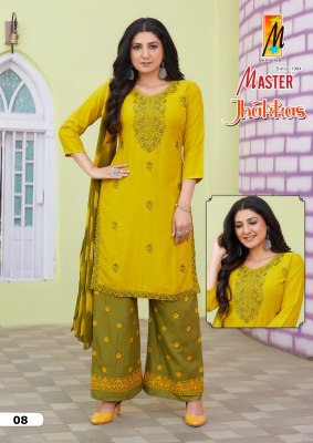 Master by Jhakkas fancy reyon embroidered kurti palazzo and dupatta catalogue at low rate readymade suit catalogs