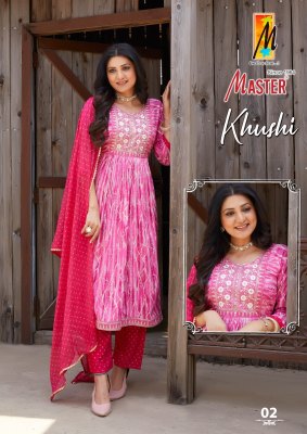 Master by Khushi reyon foil printed flared kurti pant and dupatta catalogue readymade suit catalogs